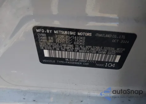 2024 Mitsubishi Mirage G4 Le из США, поврежденный, VIN ML32FUFJ4RHF17711